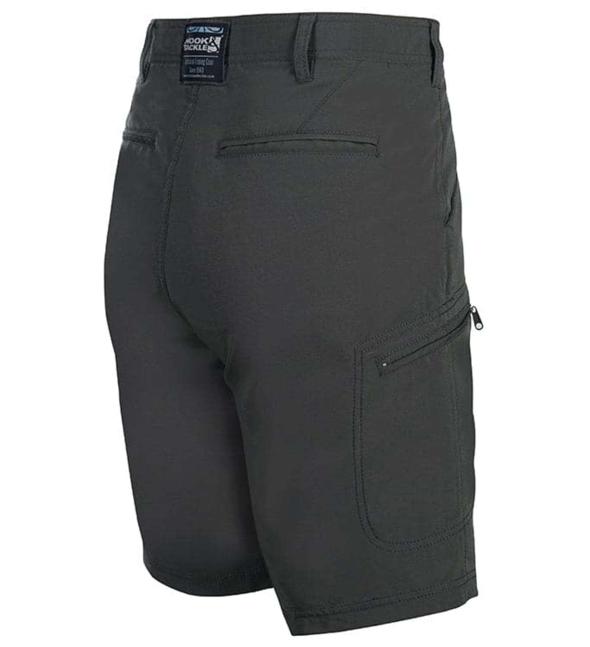 Black cargo shorts with multiple pockets on a white background