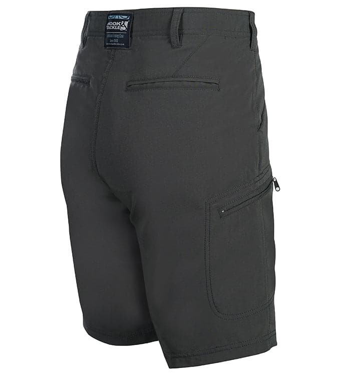 Black cargo shorts with multiple pockets on a white background