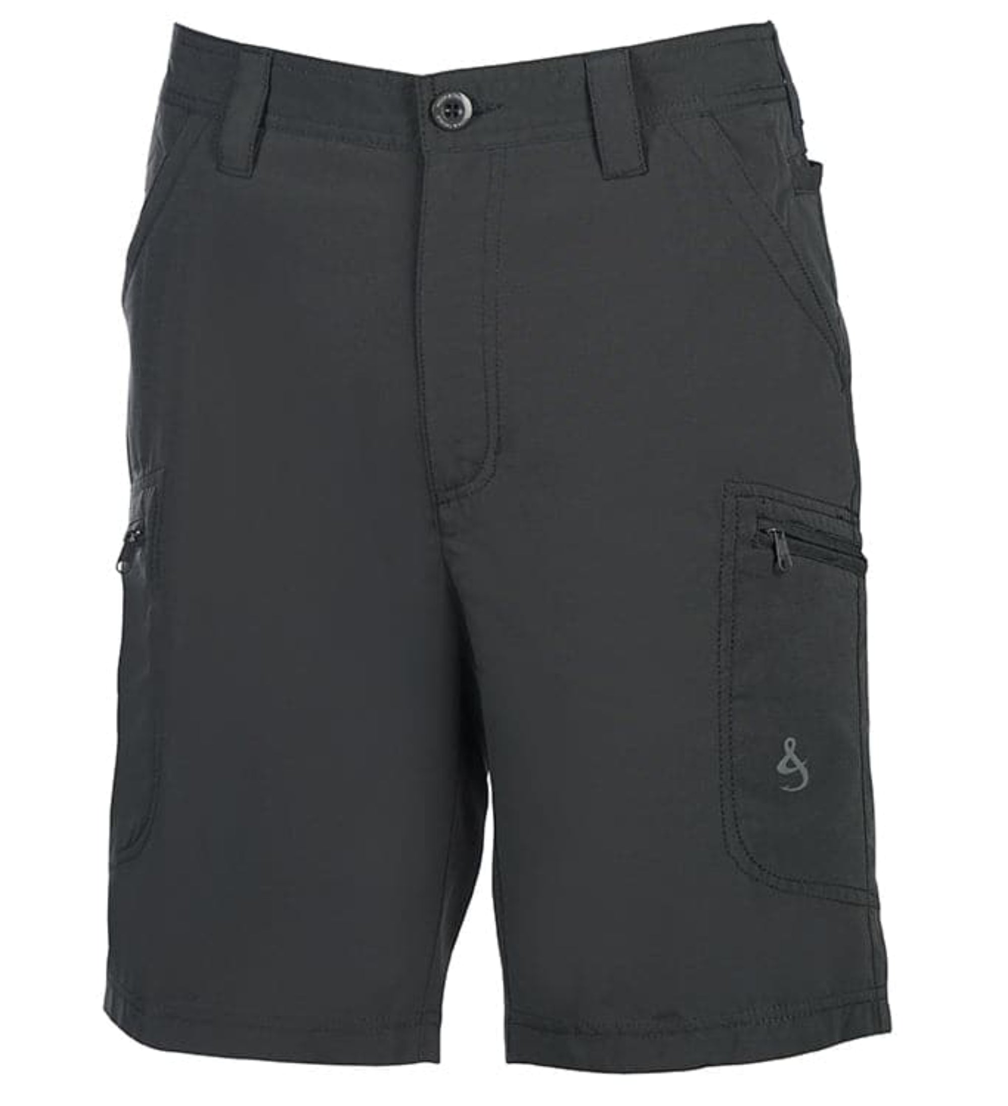Black shorts with multiple pockets on a white background