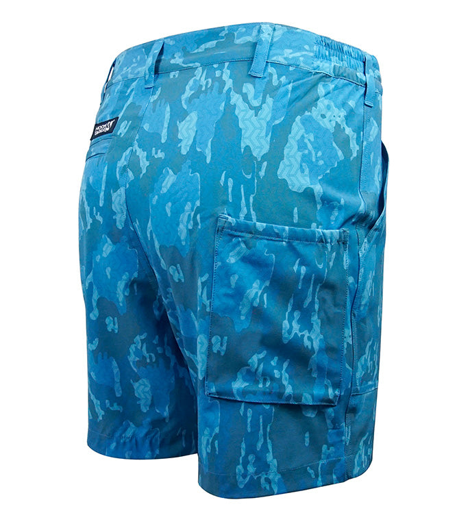 Blue camouflage shorts with a visible brand logo on a white background