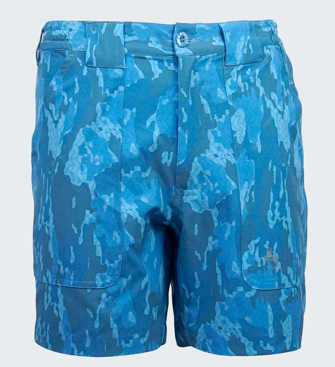 Blue camouflage shorts on a white background
