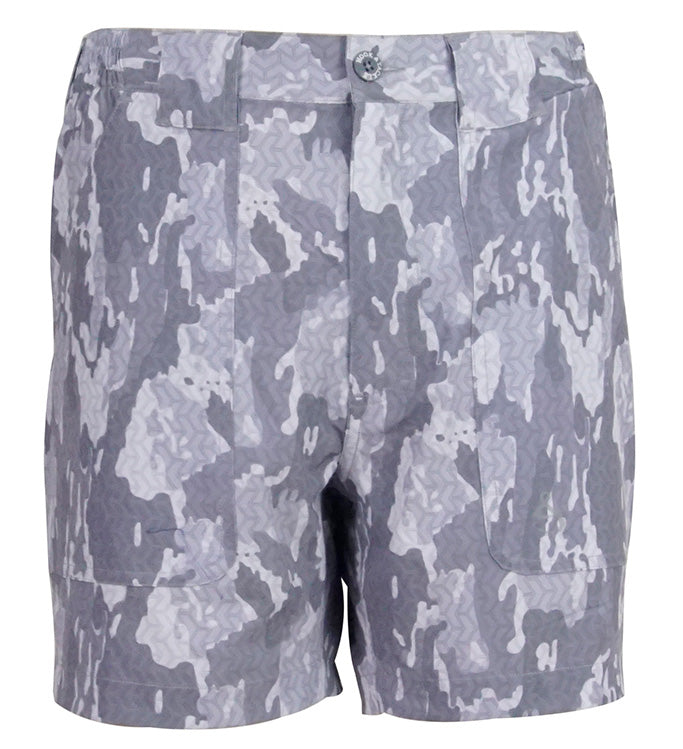 Camouflage-patterned shorts on a white background