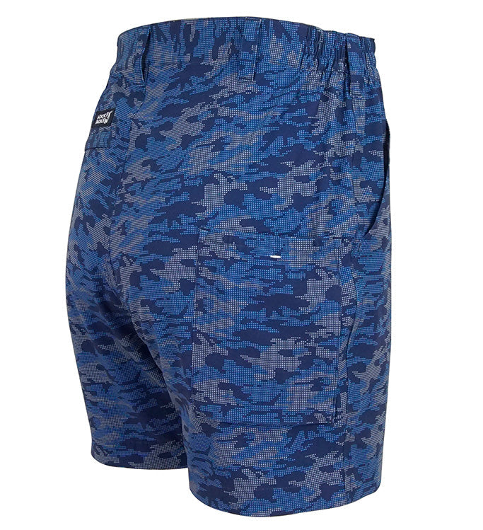 Blue camouflage shorts on a white background