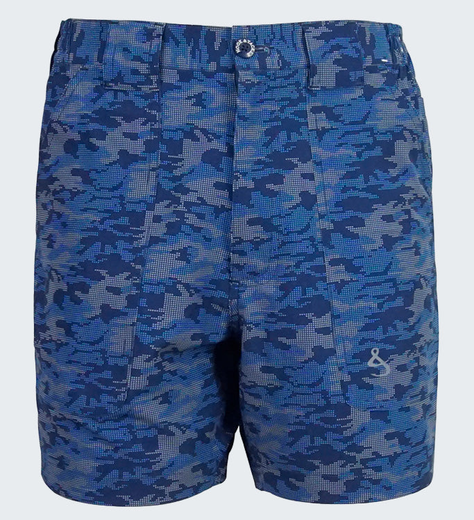 Blue camouflage shorts on a white background
