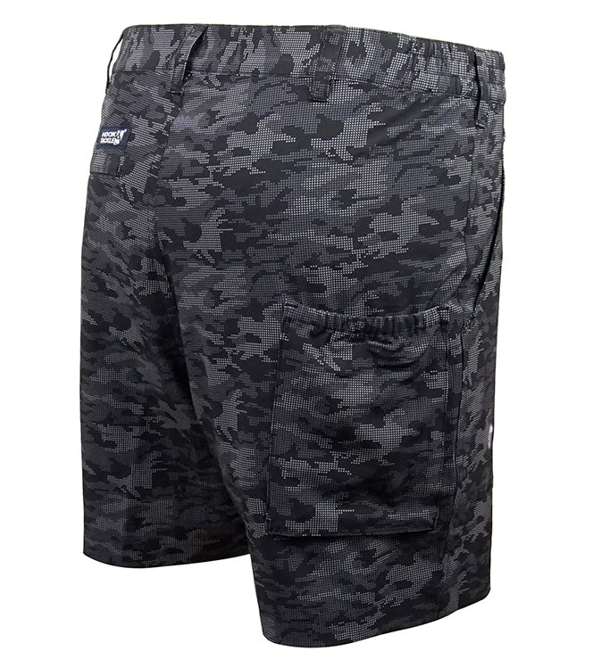 Black camouflage shorts on a white background
