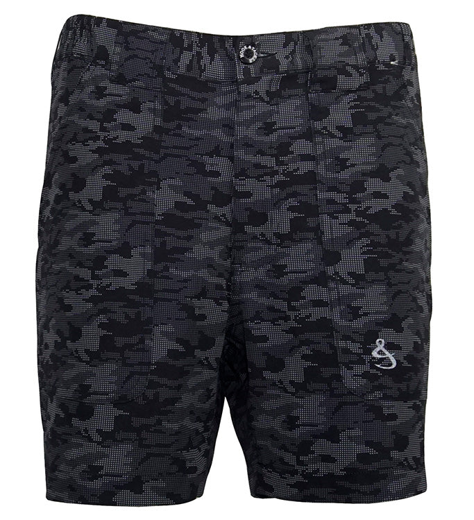 Black camouflage shorts with a brand logo on a white background
