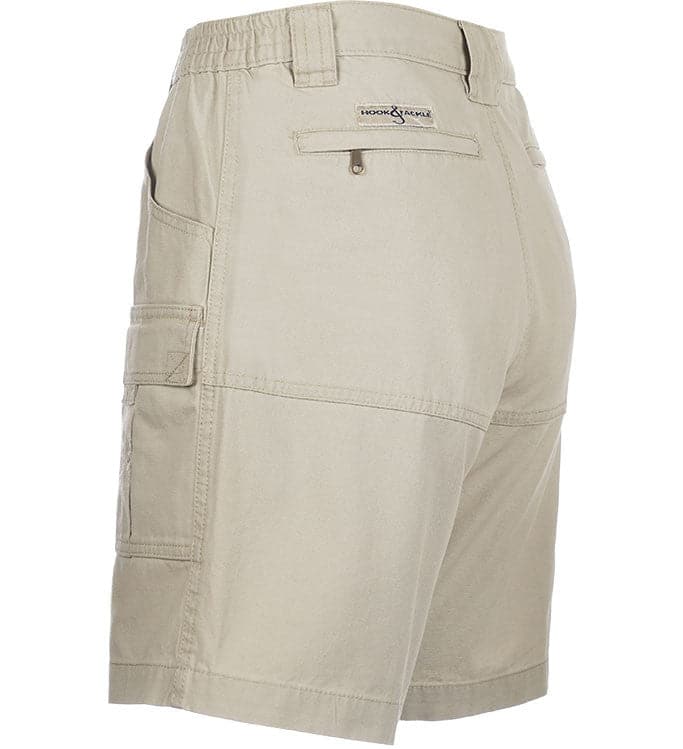 Beige shorts with multiple pockets on a white background