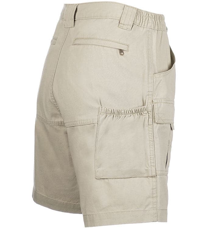 Beige cargo shorts on a white background