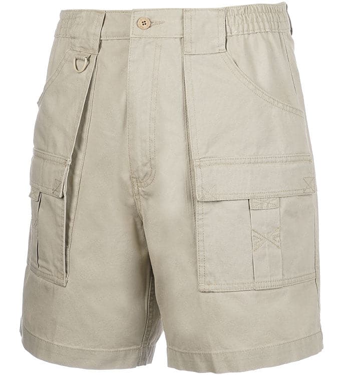 Beige cargo shorts on a white background