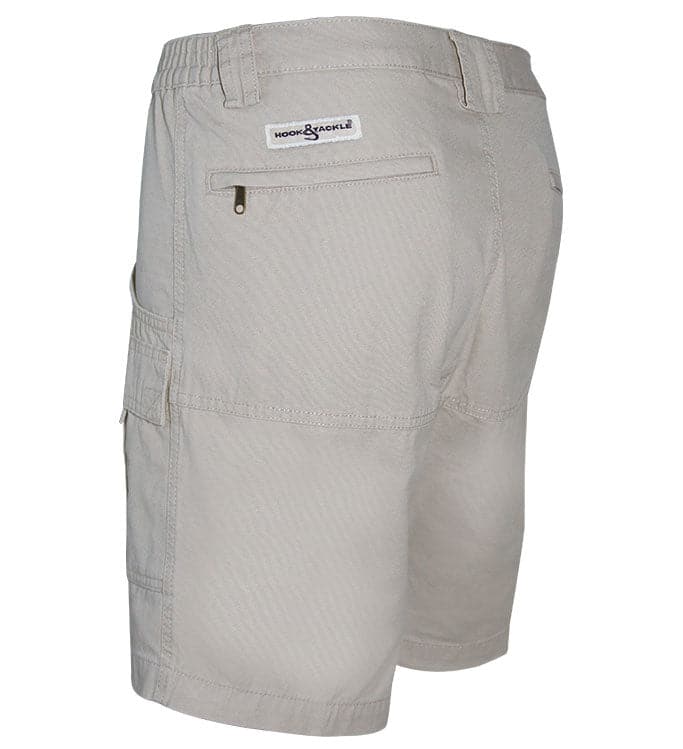 Beige shorts with a brand logo on a white background