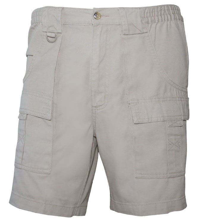 Beige cargo shorts on a white background