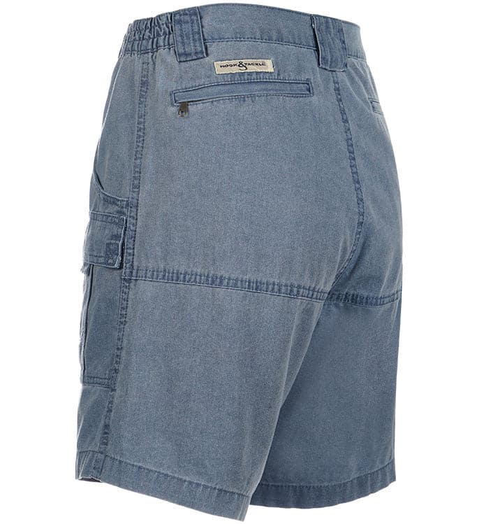 Blue denim shorts with a brand label on a white background