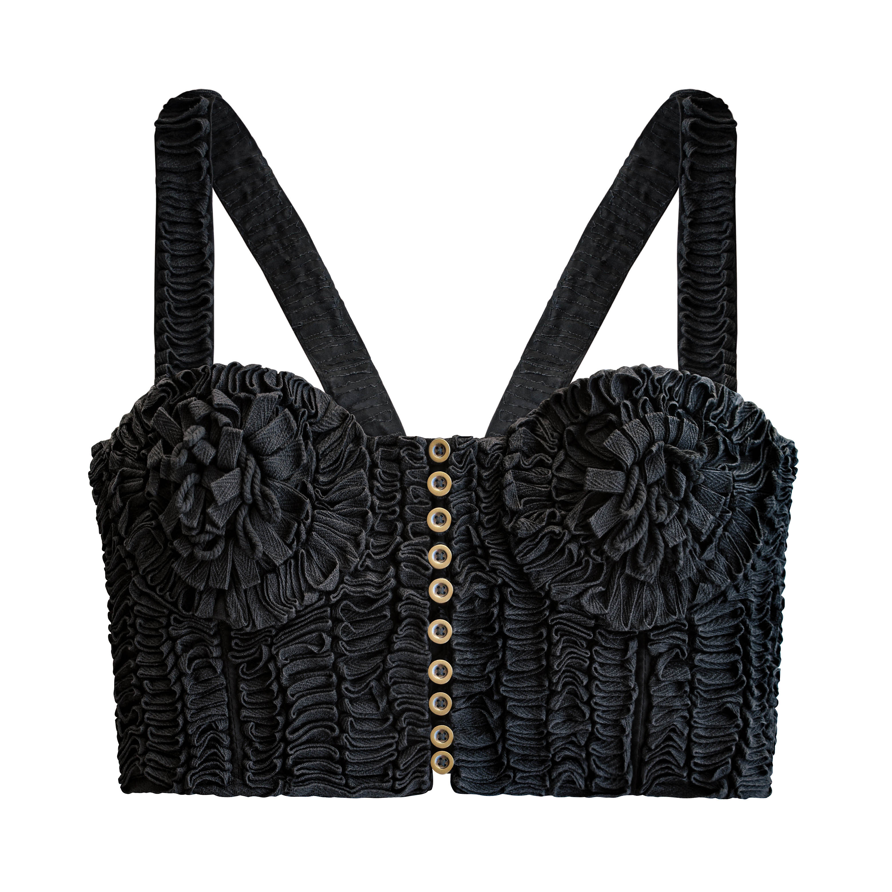 Black ruched crop top with floral details and button accents on a white background