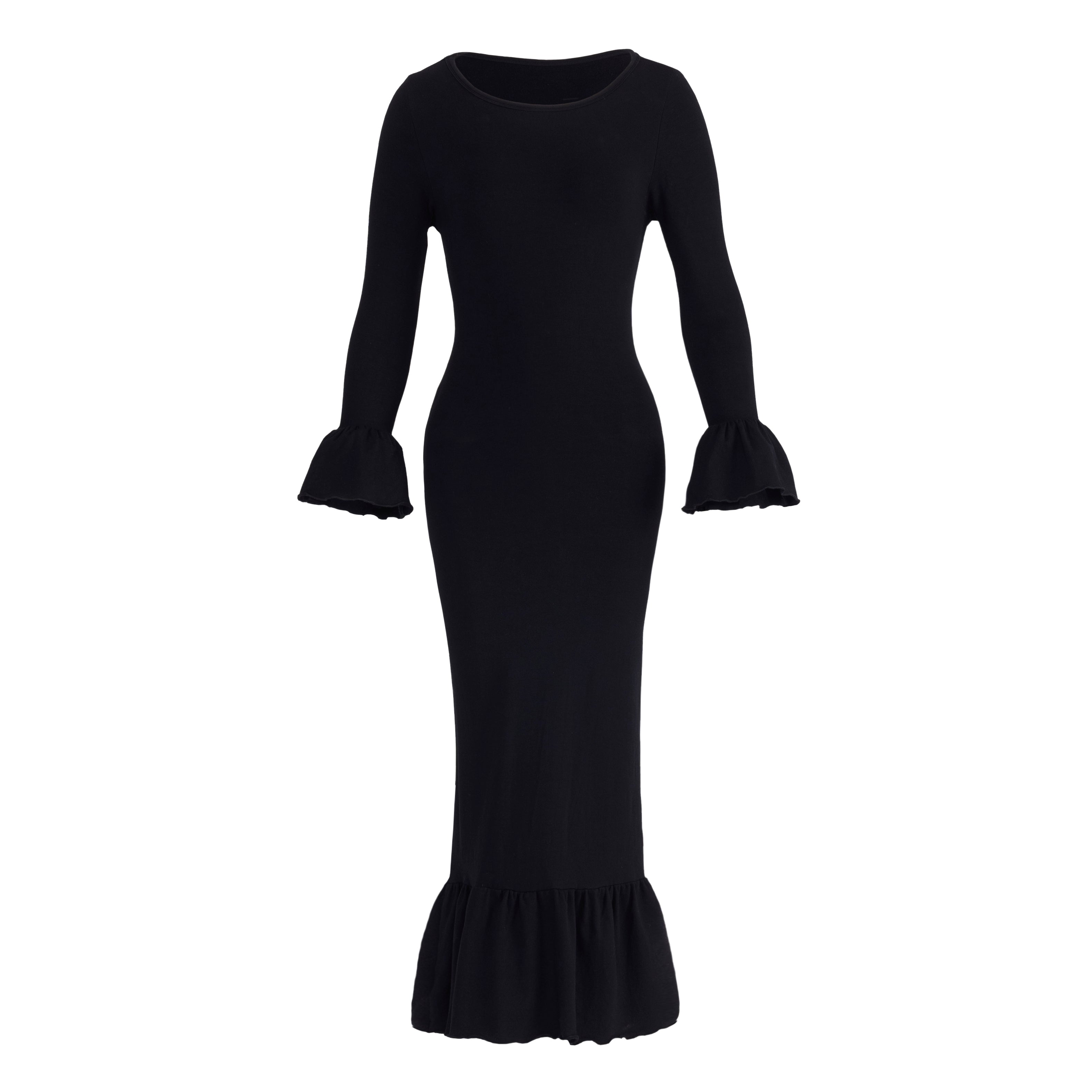 Black dress with ruffled sleeves and hem on a white background