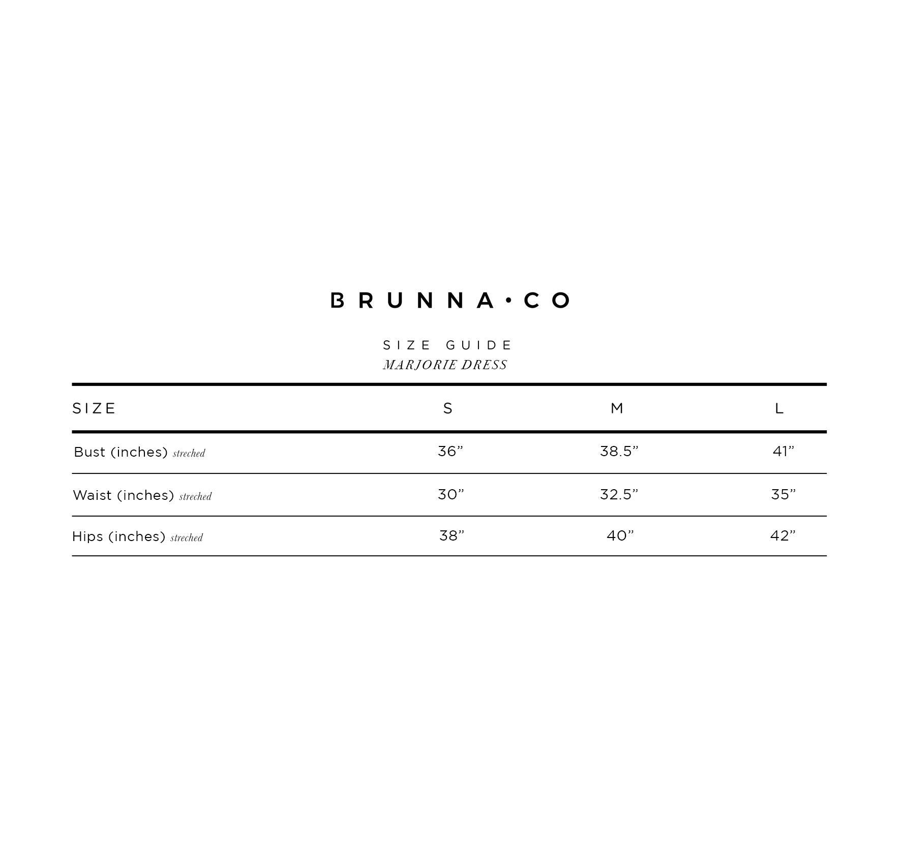 Brunna & Co size guide for a dress with measurements in inches.
