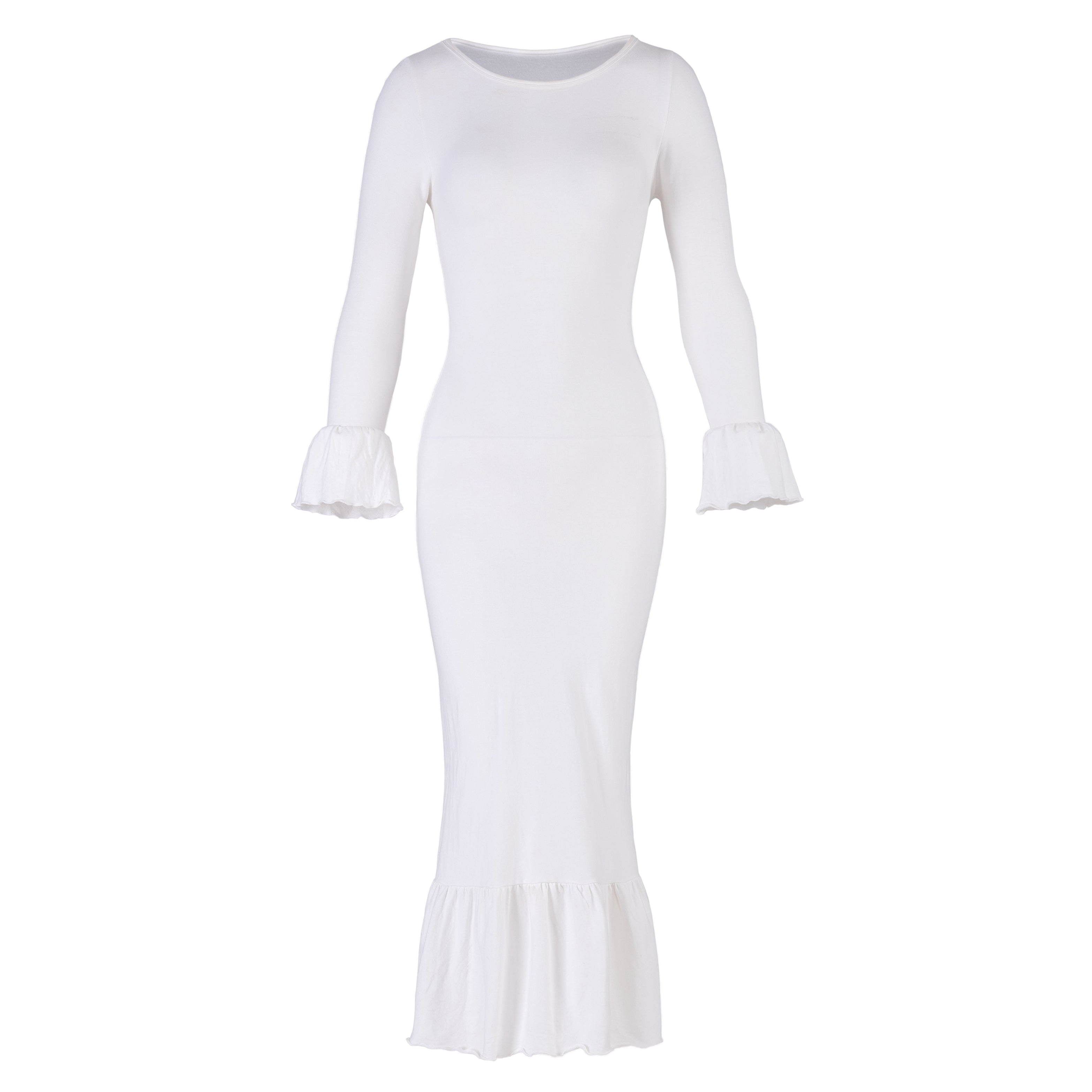 White dress with ruffled sleeves on a white background