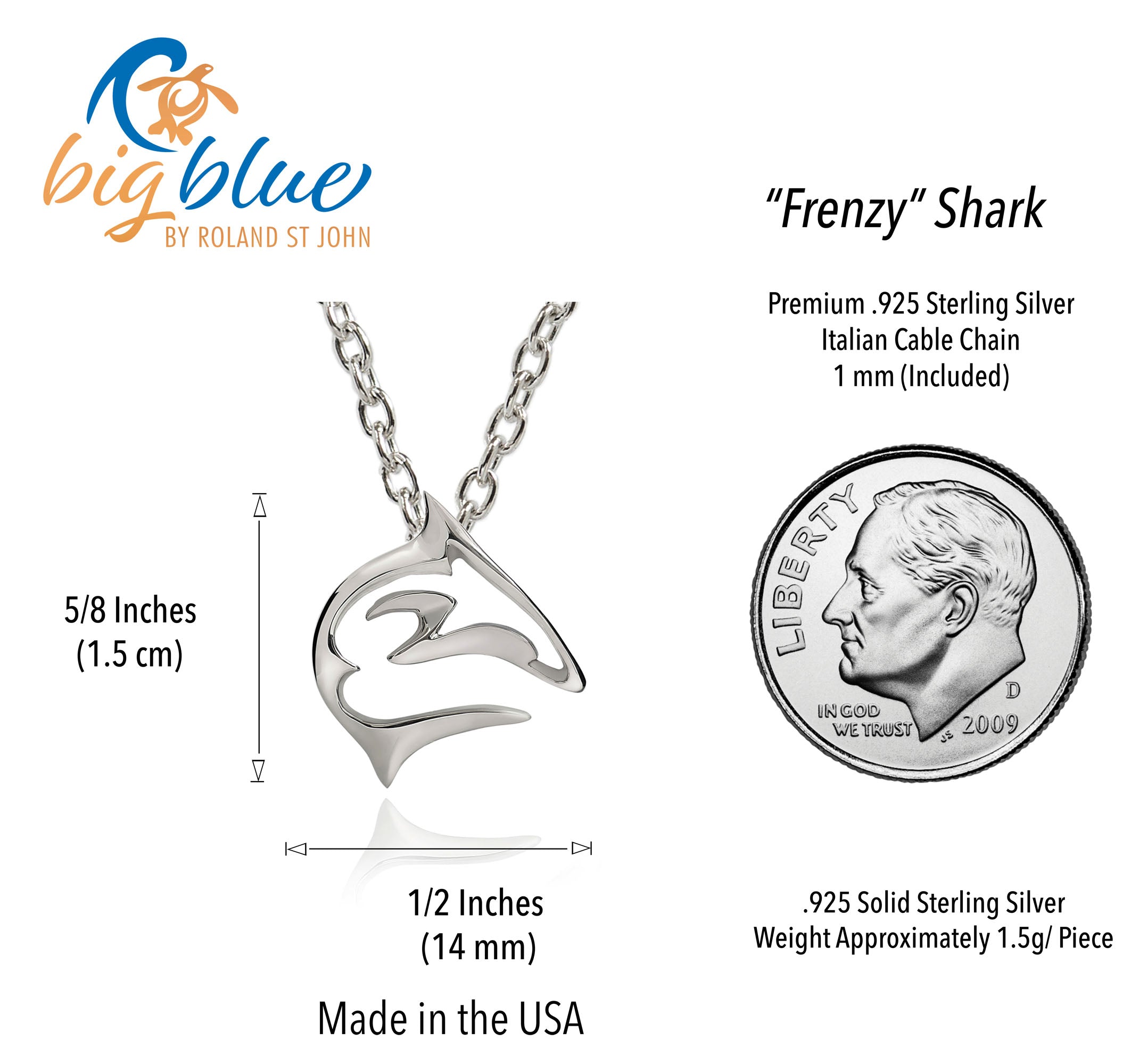 Silver shark pendant with chain, measurements, and comparison to a quarter on a white background.