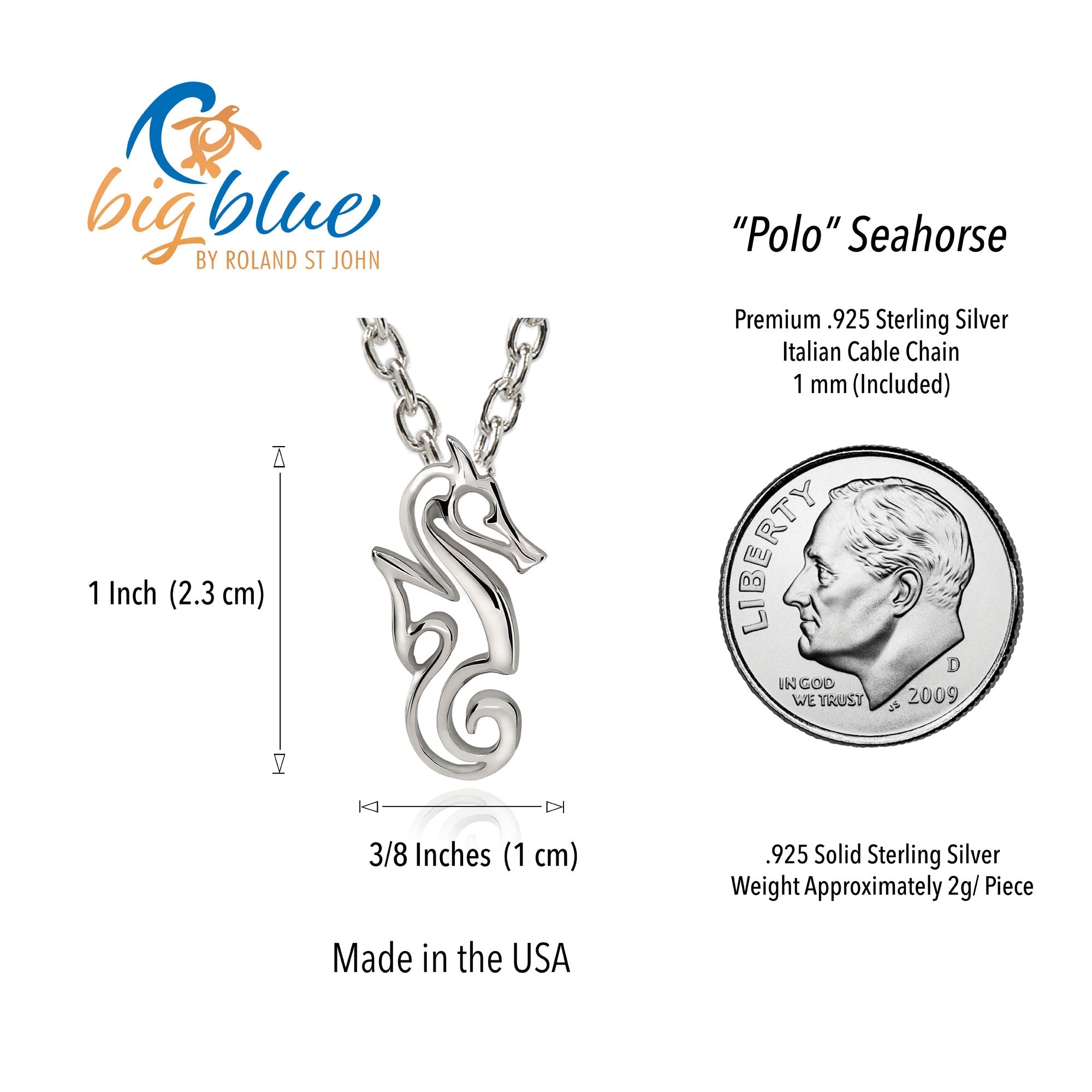 Silver seahorse pendant with measurement details and 'big blue' branding.