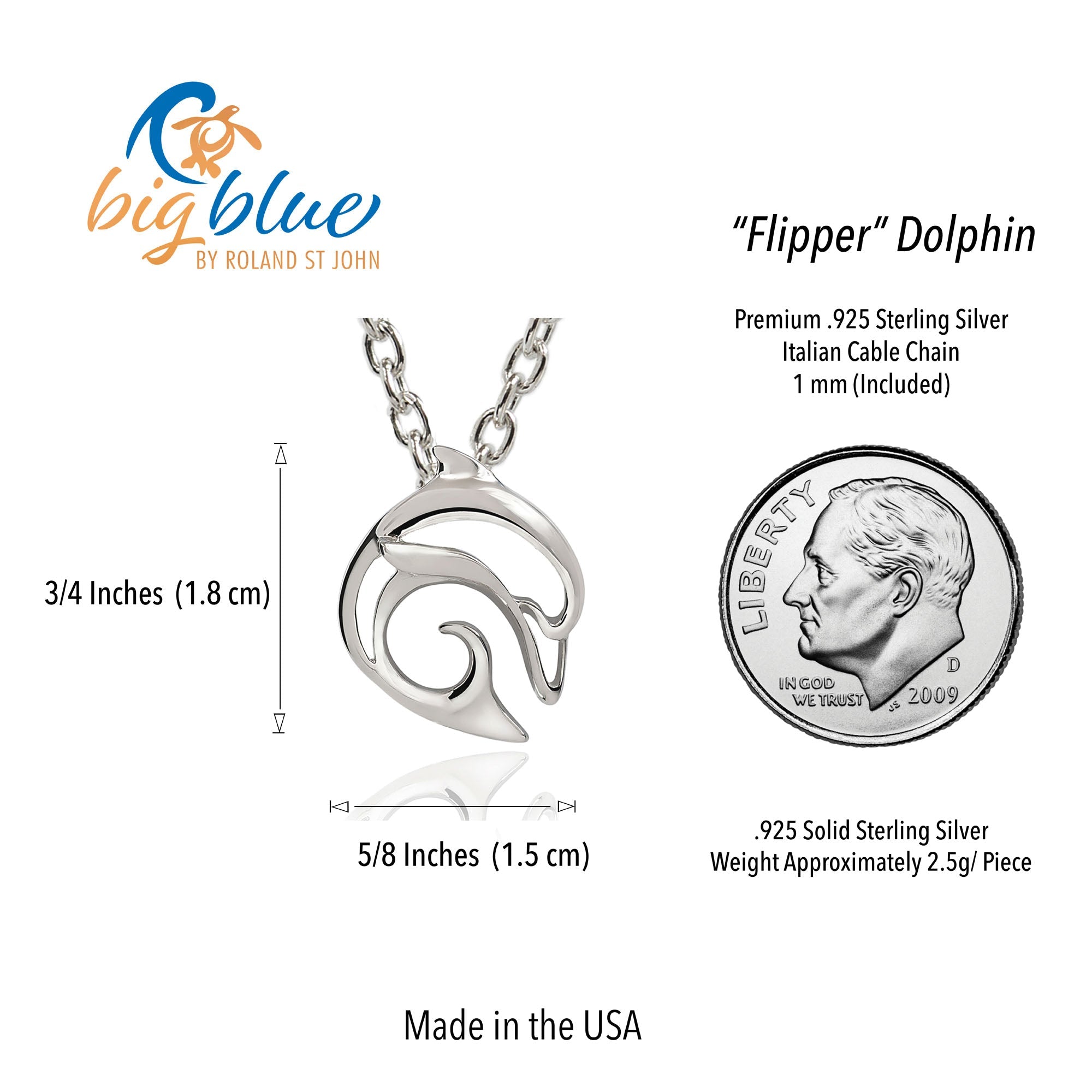 Silver 'Flipper' dolphin pendant with chain, measurements, and brand information on a white background.