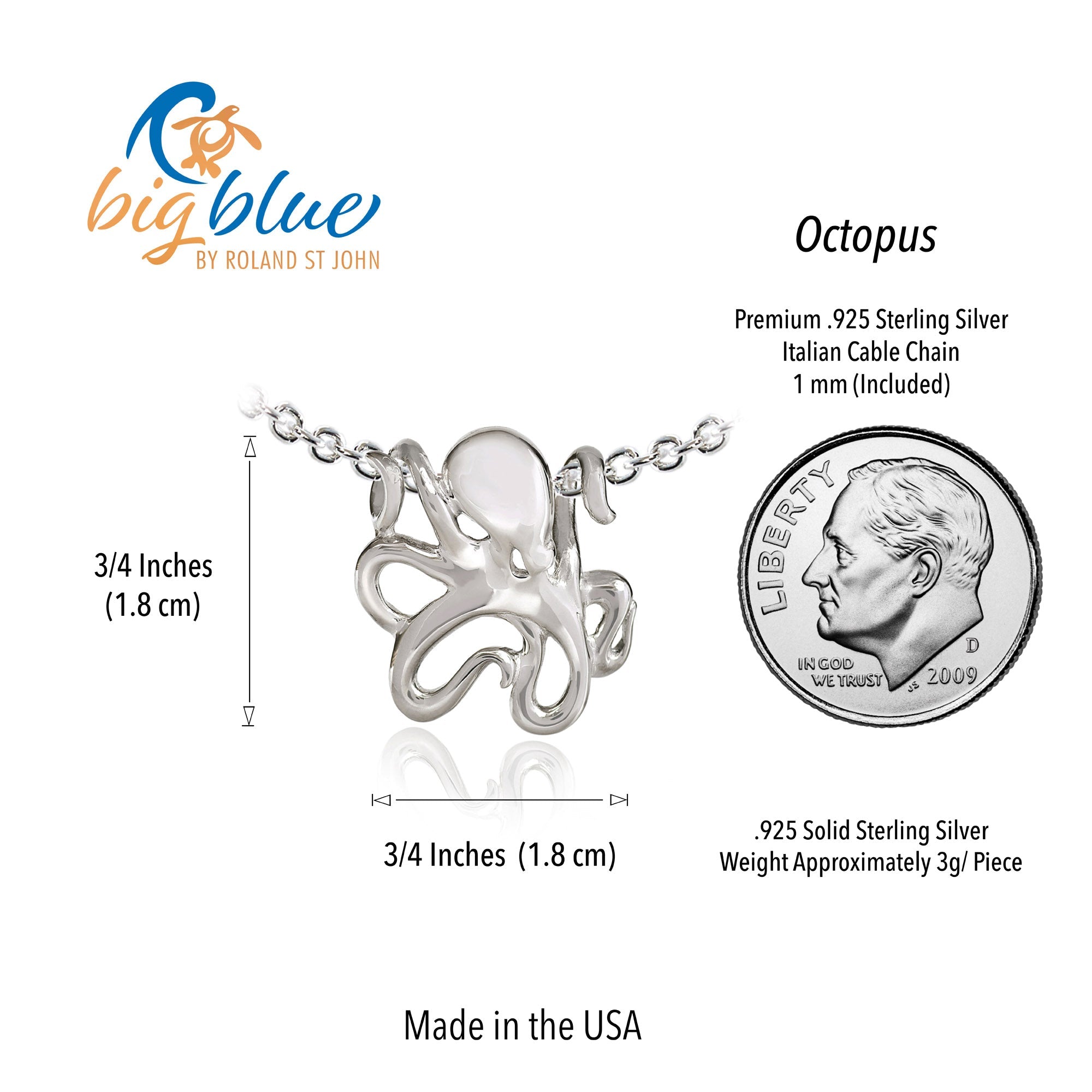 Silver octopus pendant with chain, size comparison to a quarter, and 'big blue by Roland St John' branding.