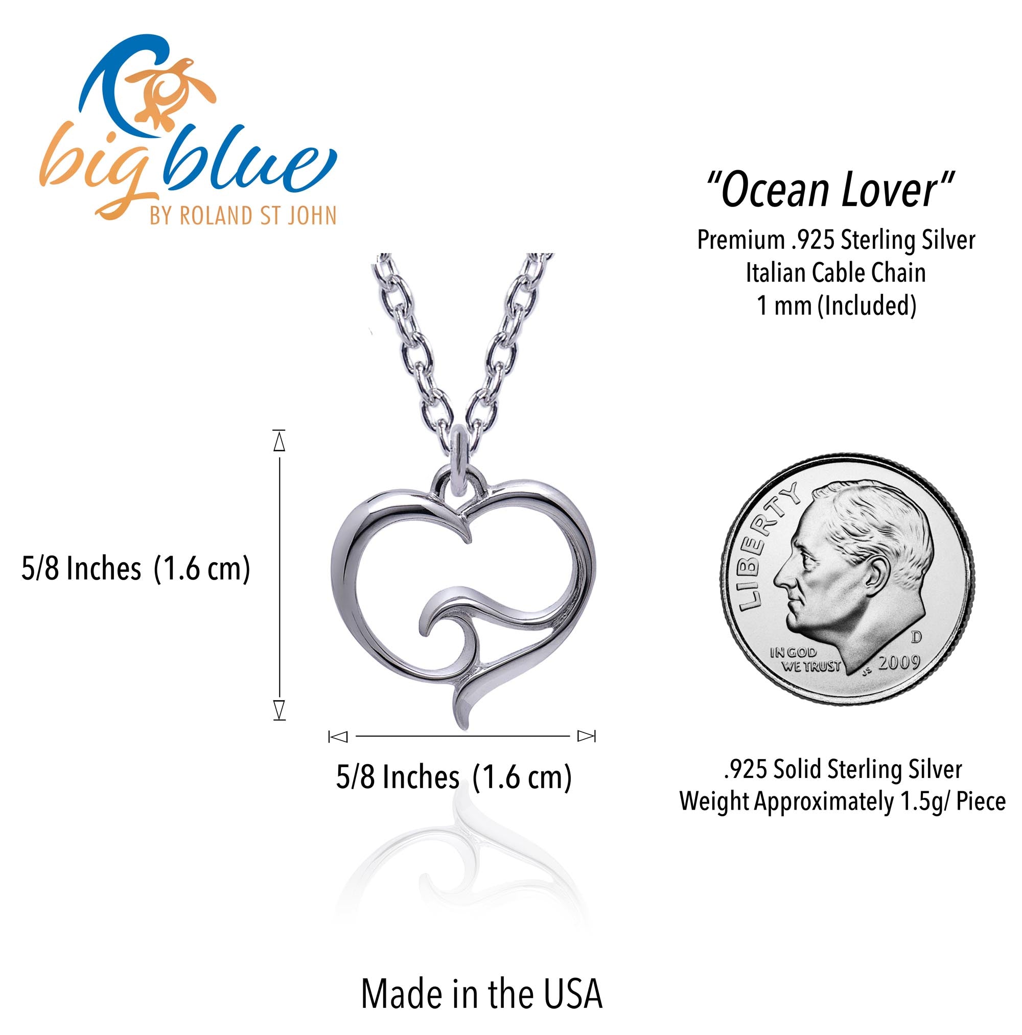 Silver heart-shaped necklace with wave design, labeled 'Ocean Lover', on a white background with product details.