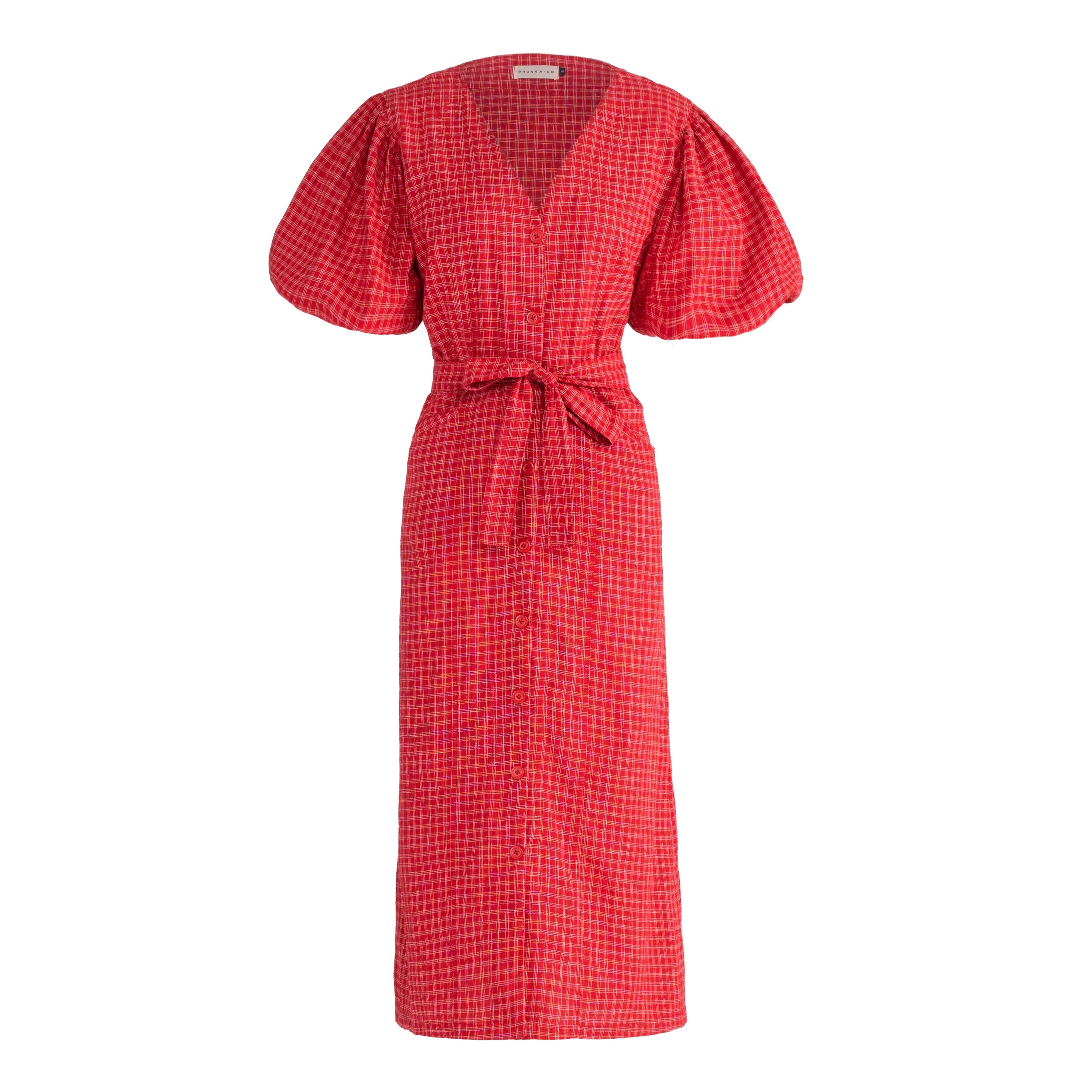 Red checkered dress with puff sleeves on a white background
