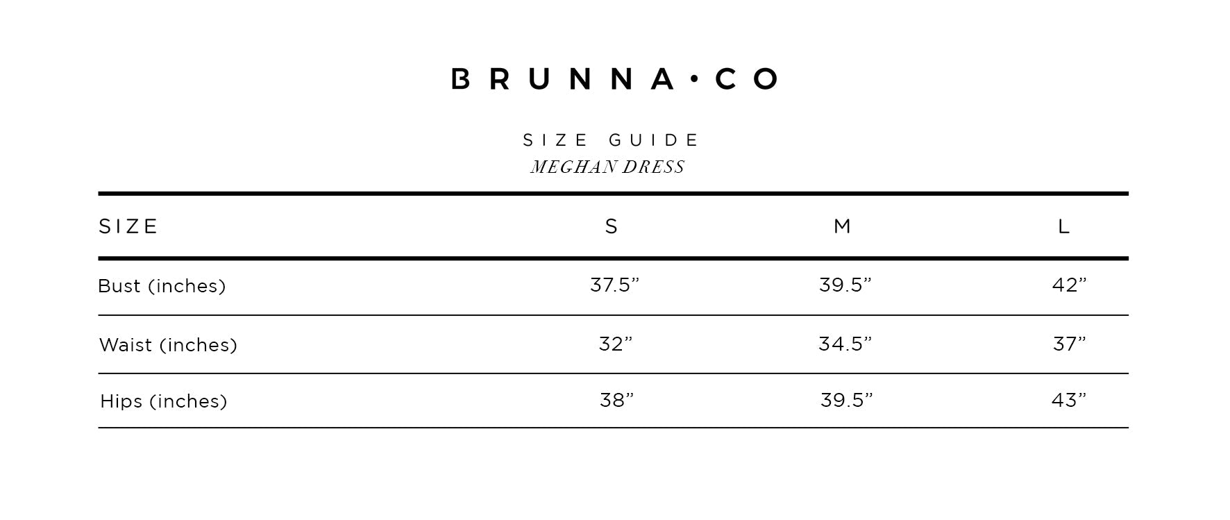 Size guide for a dress by BRUNNA.CO with measurements for bust, waist, and hips.