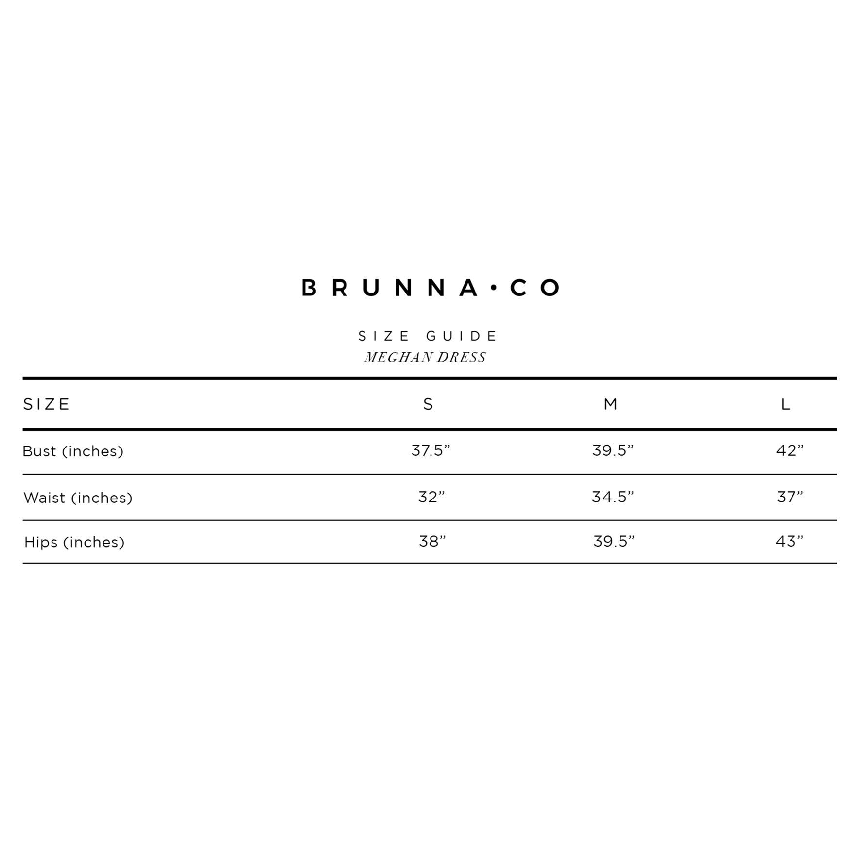 Size guide for Brunna & Co. Meghan Dress with measurements in inches.