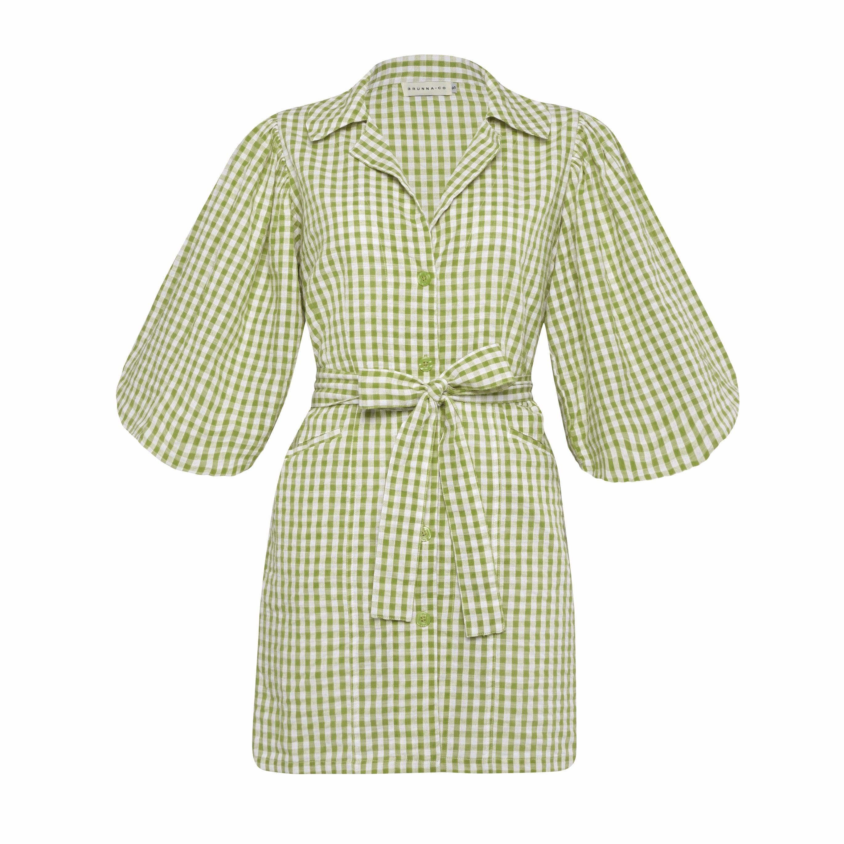 Green checkered dress with puff sleeves on a white background