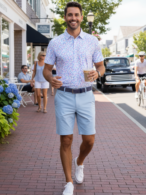 Man walking on a sidewalk in a casual outfit with light blue shorts and a patterned shirt, holding a coffee.