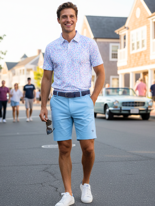 Man wearing a light blue patterned shirt and shorts standing on a street.
