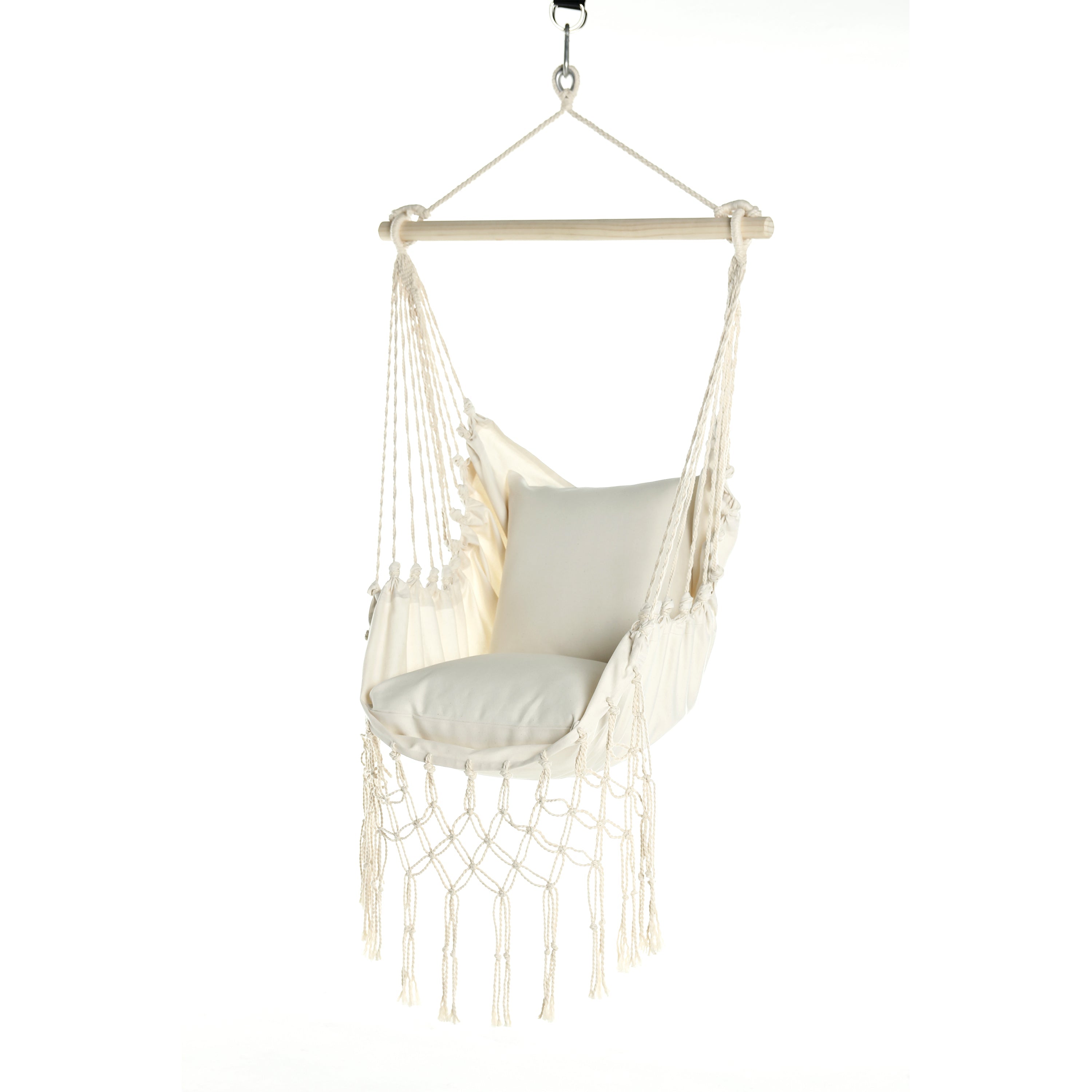 Beige hammock chair with white cushion on a white background