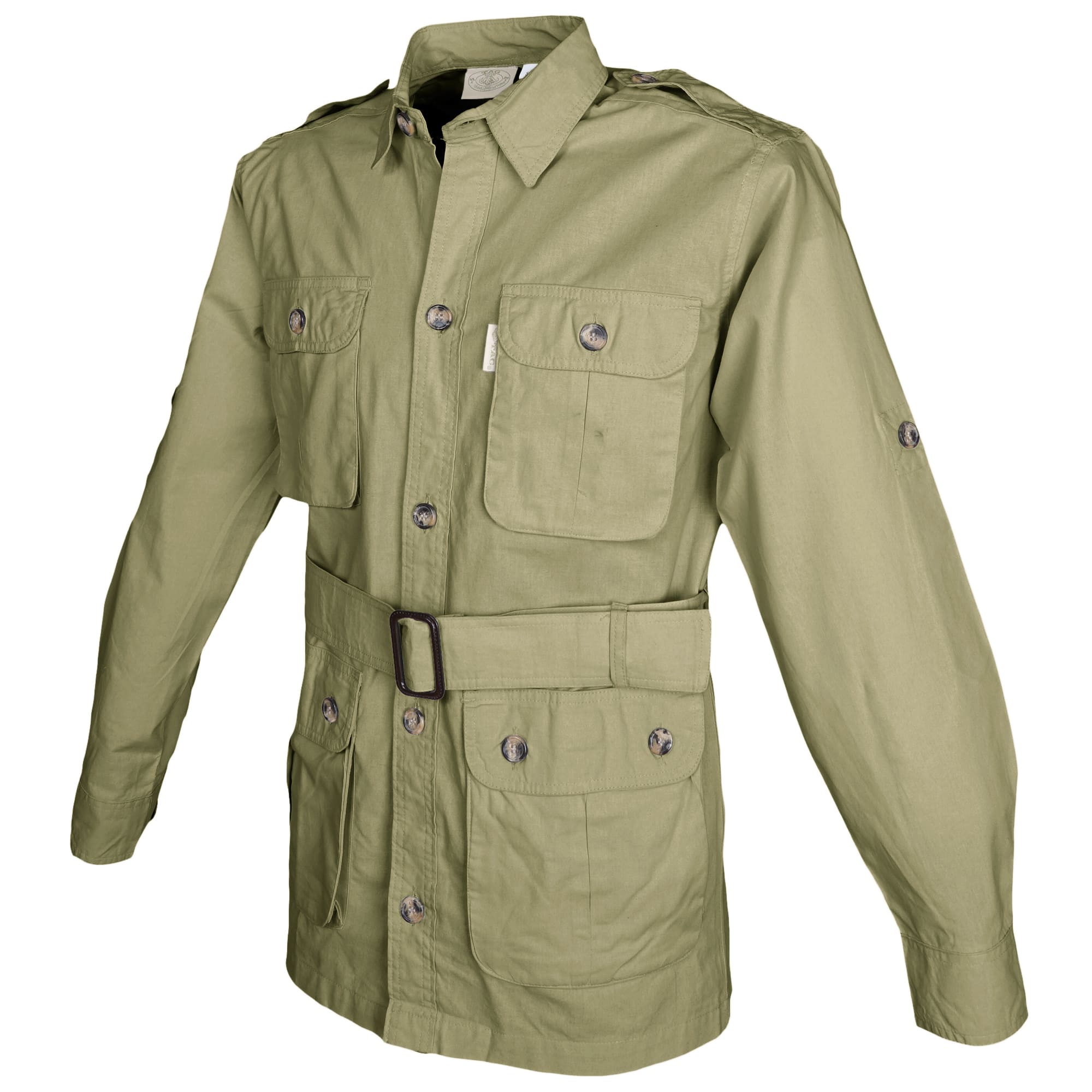 Green jacket with multiple pockets and buttons on a white background