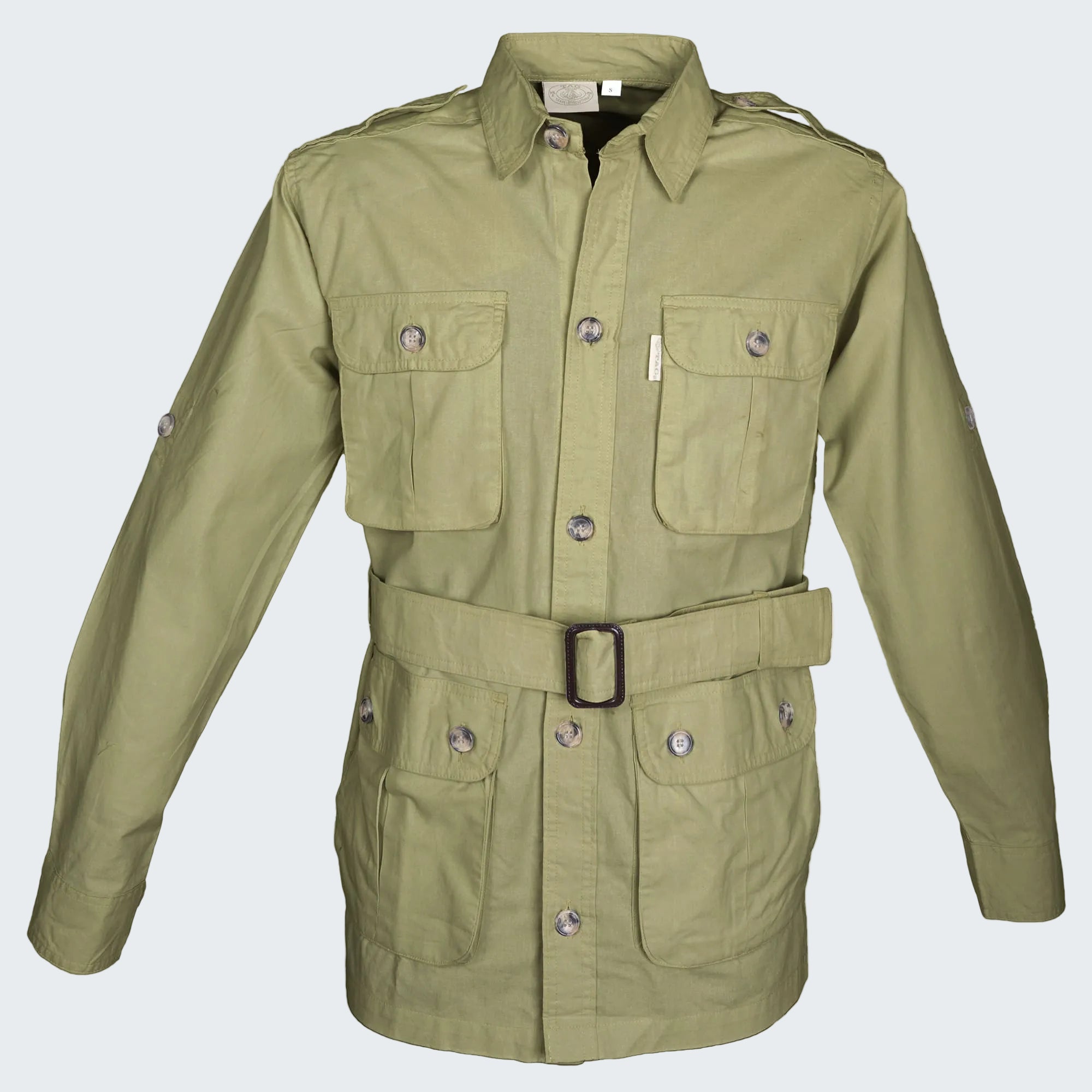 Green jacket with multiple pockets and a belt on a white background