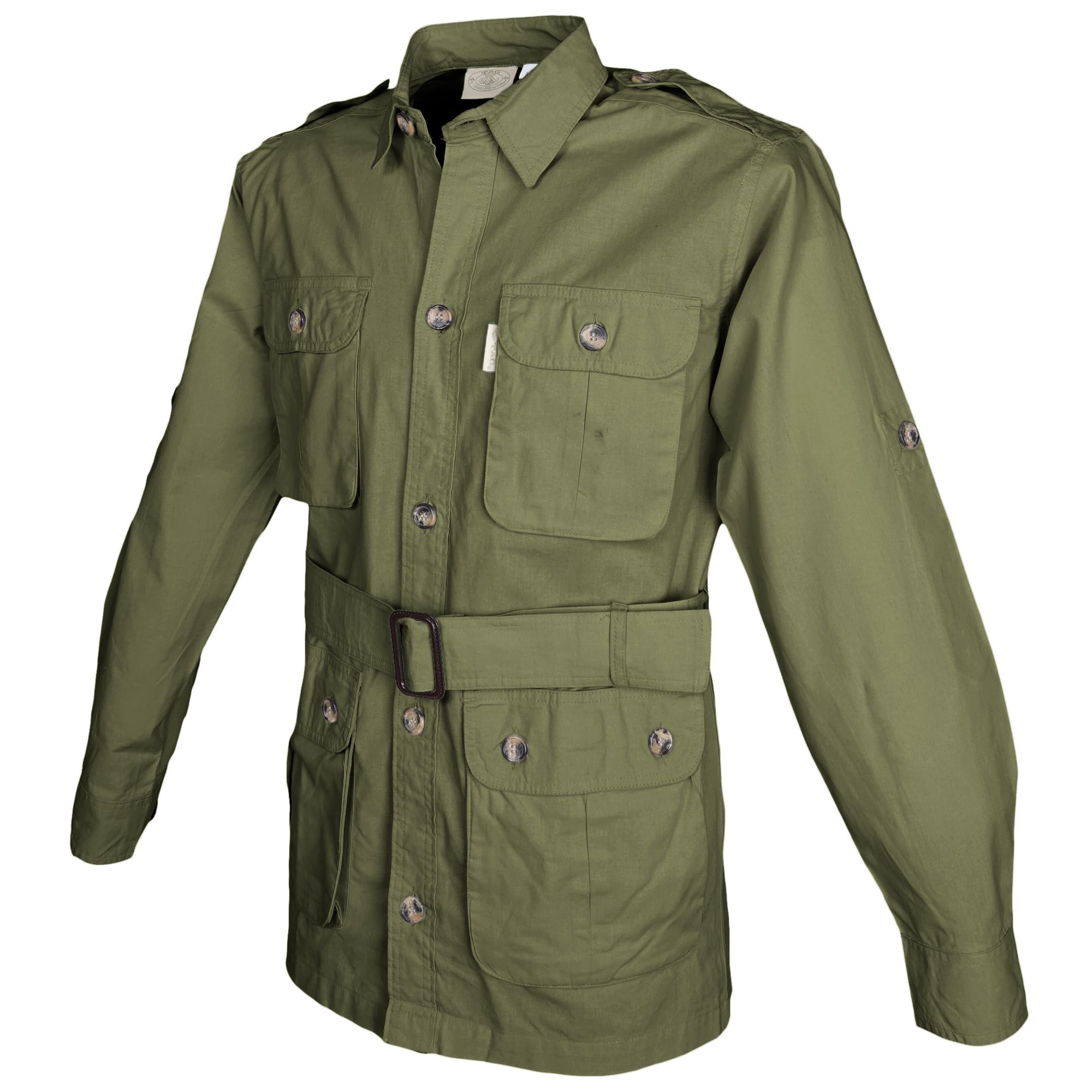 Green jacket with multiple pockets and buttons on a white background
