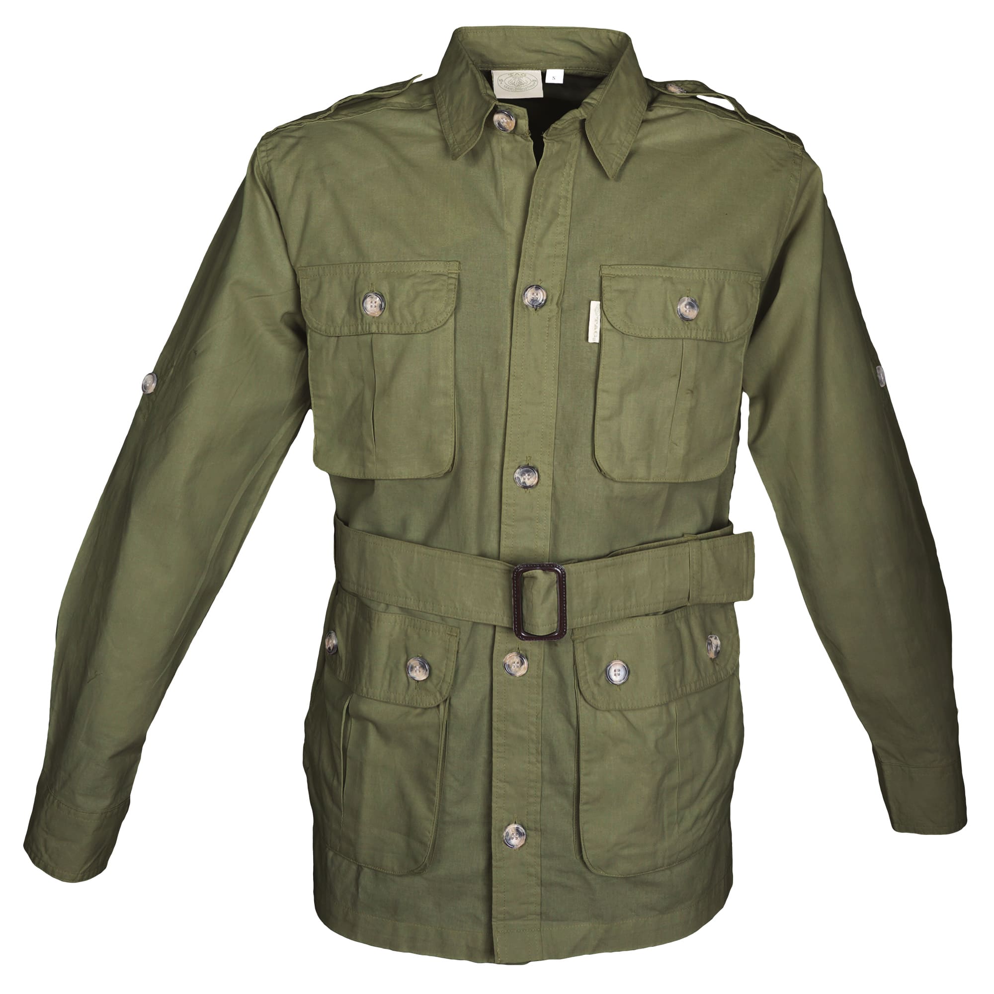 Green jacket with multiple pockets and a belt on a white background