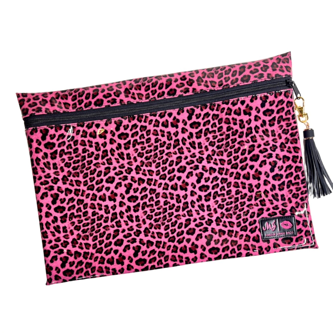 Pink leopard print pouch with a gold zipper and black tassel on a white background