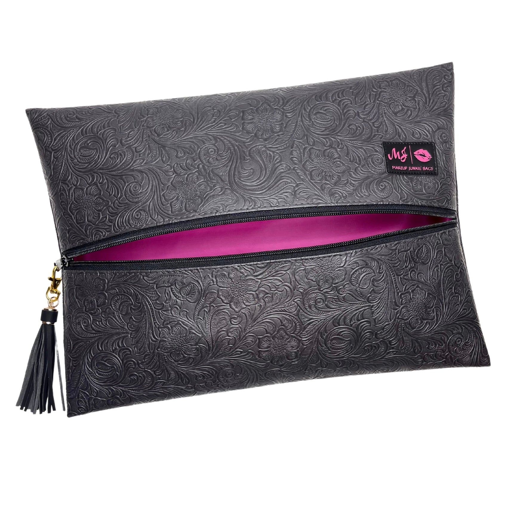 Black embossed clutch bag with pink interior and visible brand logo on a white background