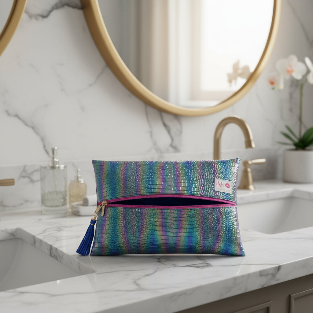 Multicolored patterned pouch with a pink zipper on a white background