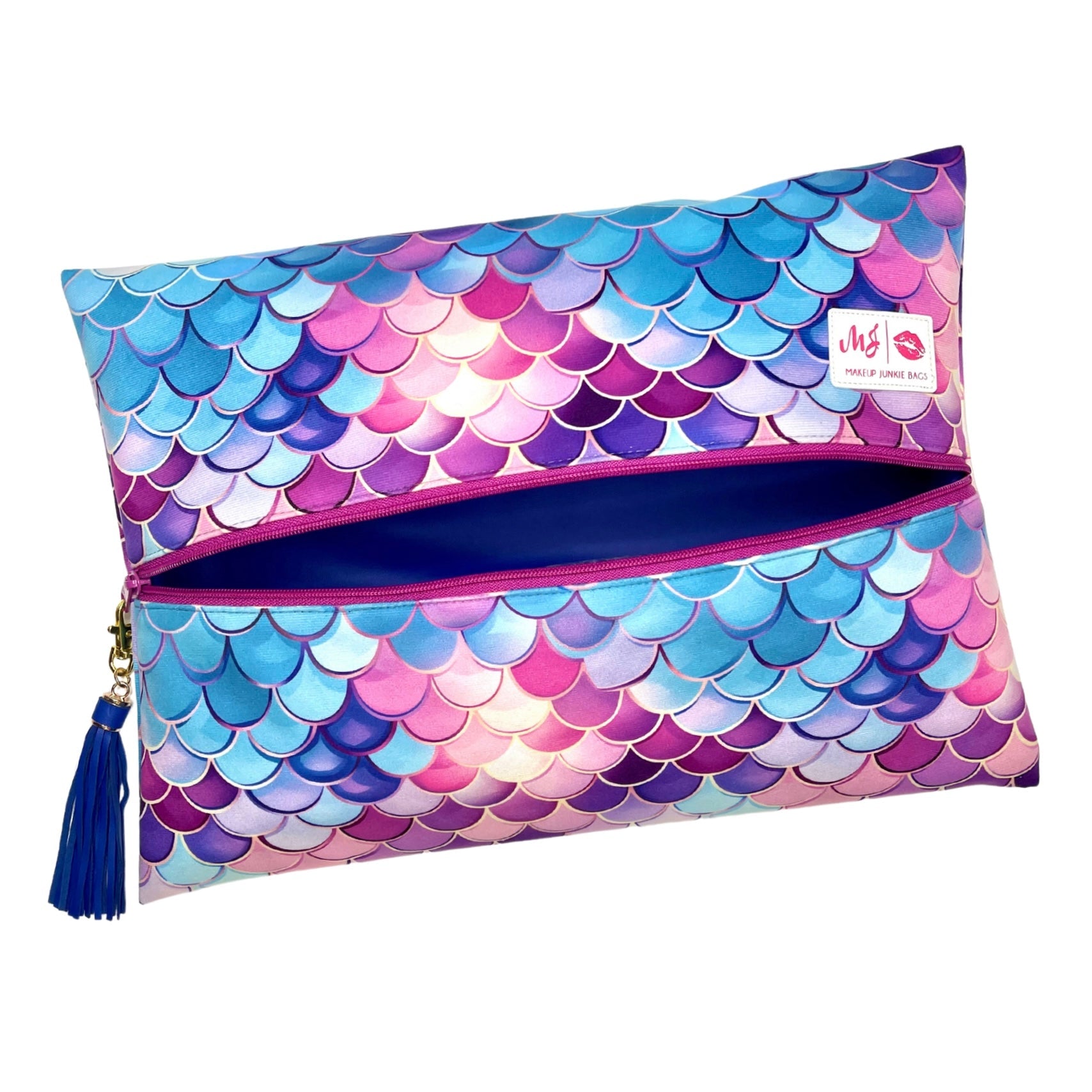Colorful mermaid scale pattern pouch with a tassel on a white background