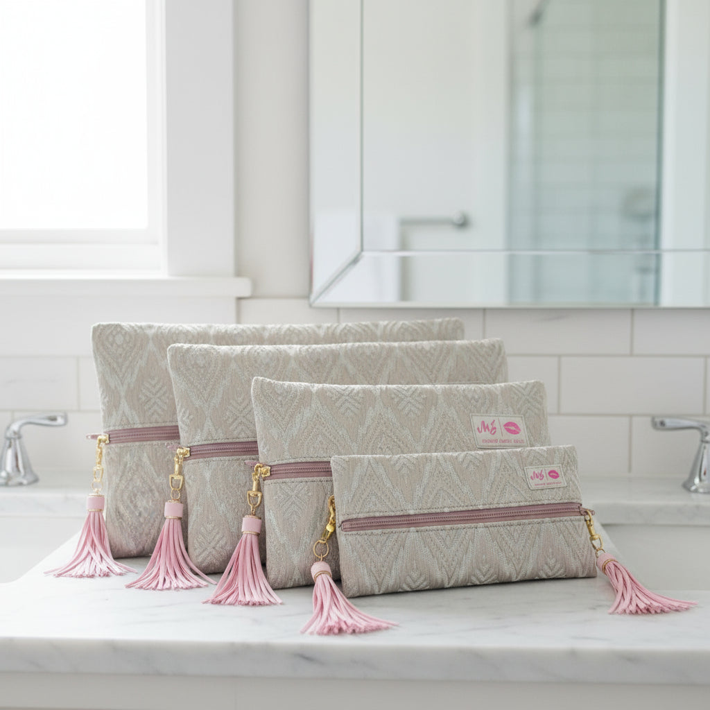 Set of three patterned bags with pink tassels and visible brand logo on a white background
