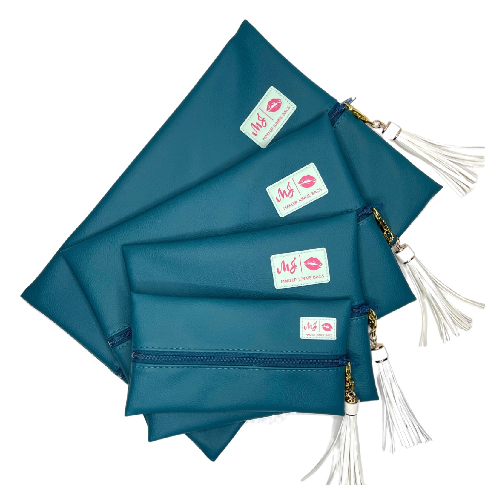 Set of teal pouches with white tassels on a white background