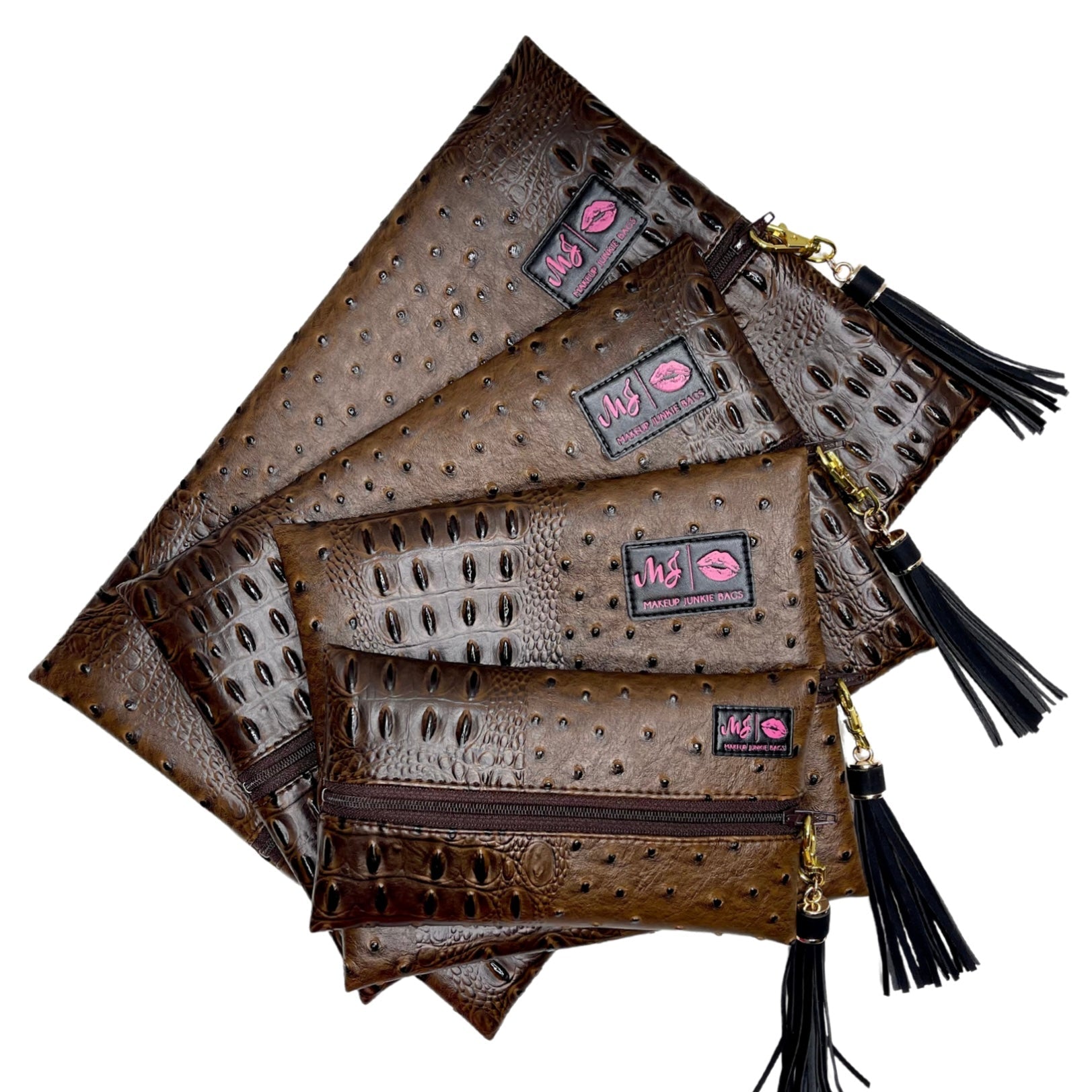 Brown textured clutch bags with visible brand logo on a white background