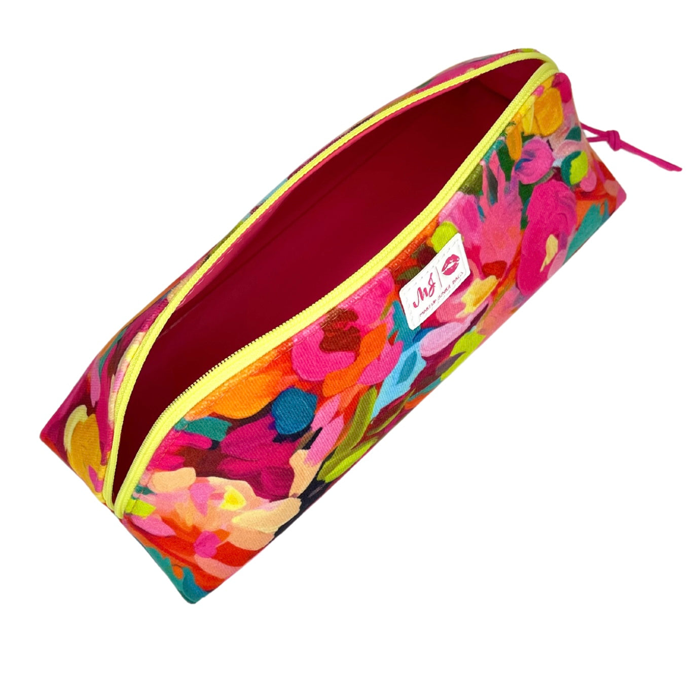 Colorful floral-patterned pouch with a visible brand label on a white background