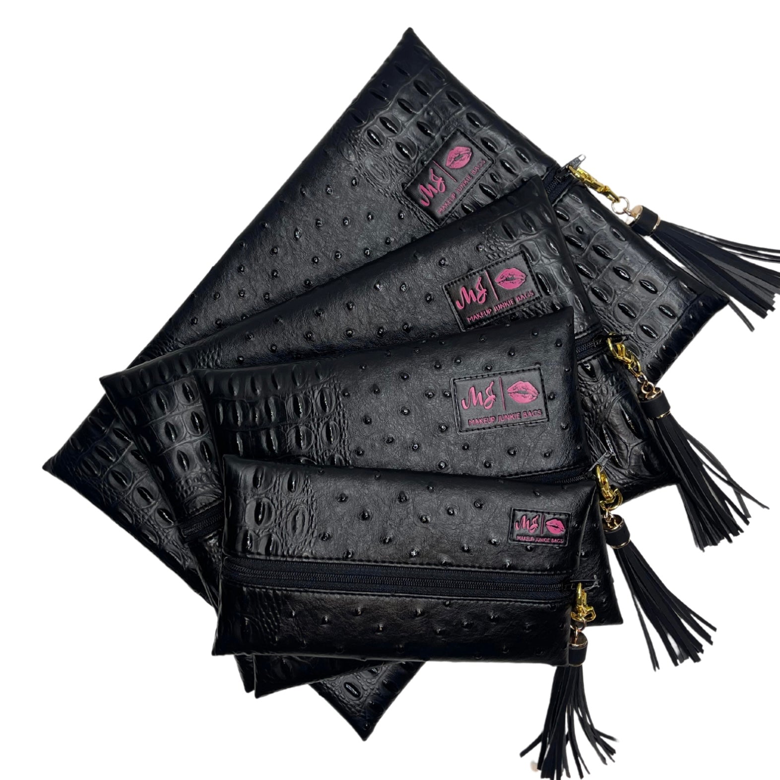 Black textured clutch bags with tassels and visible brand logo on a white background