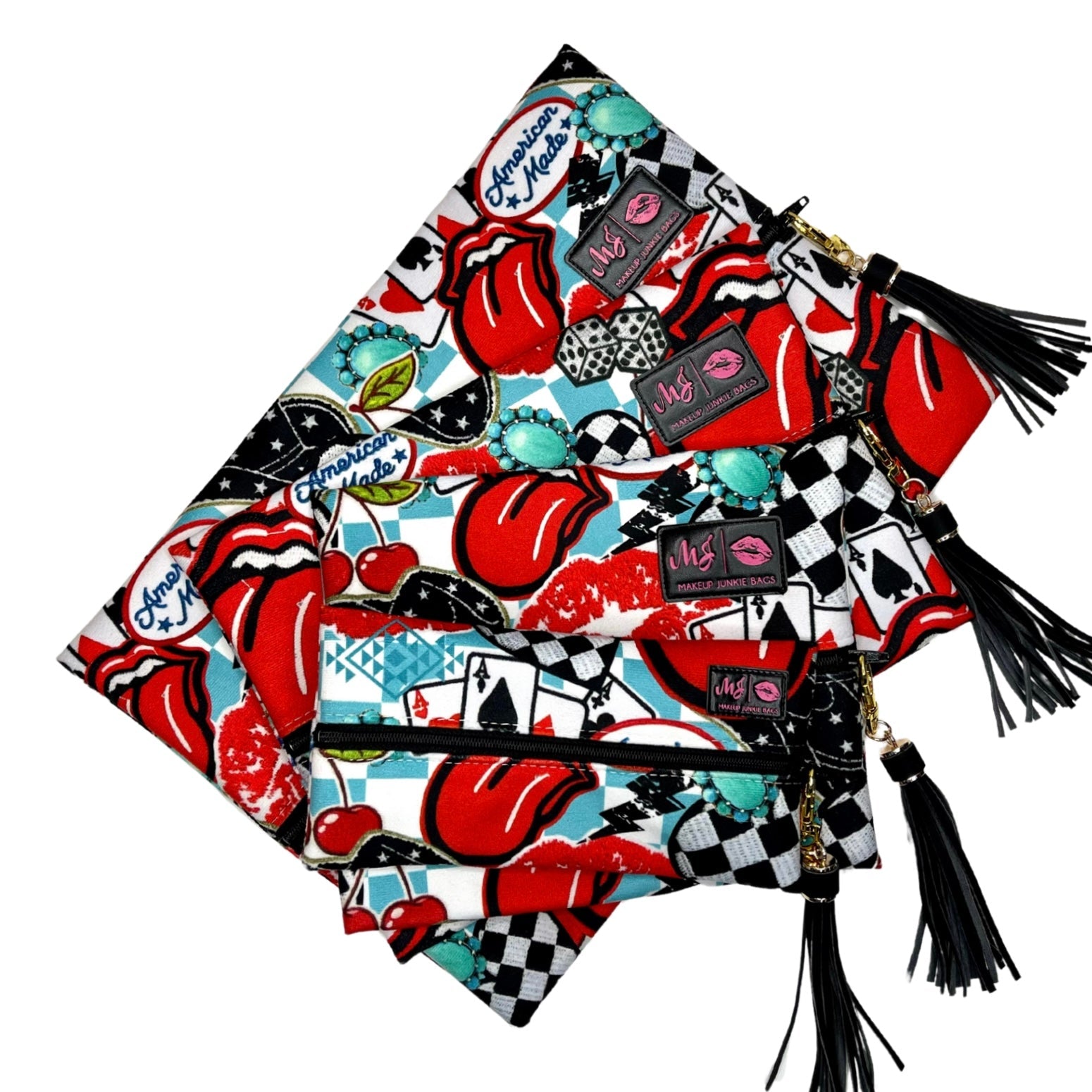 Colorful fabric with graphic designs and tassels on a white background
