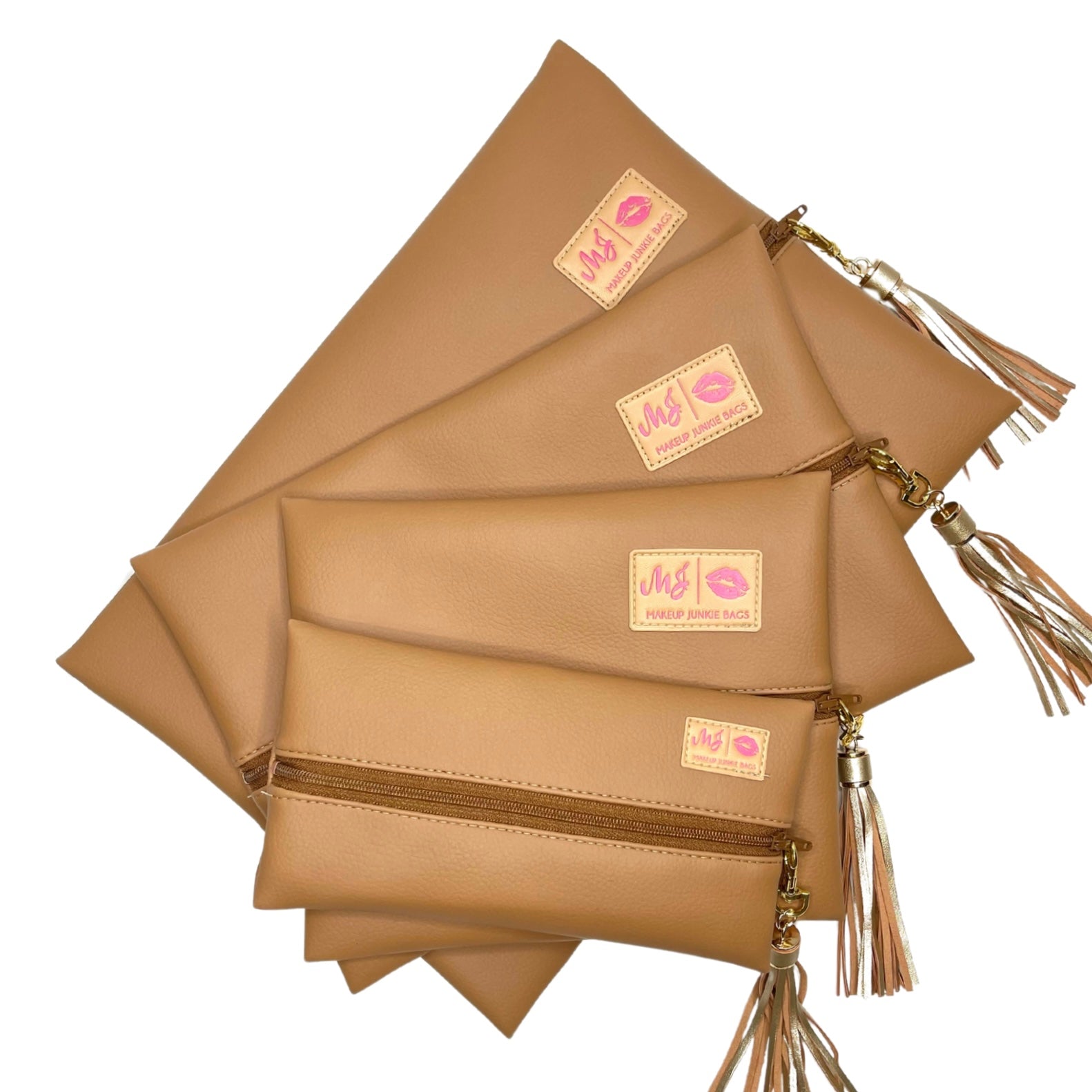Set of brown clutch bags with tassels and visible brand logo on a white background