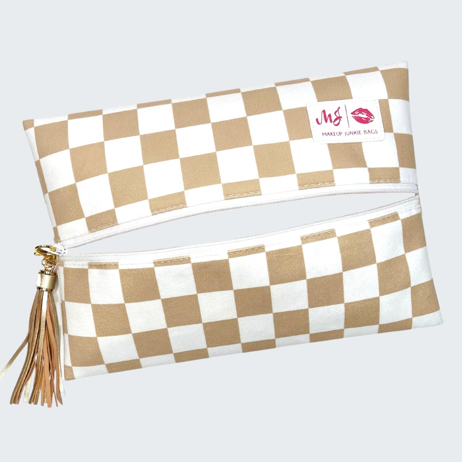 Checkered pouch with a brand logo on a white background