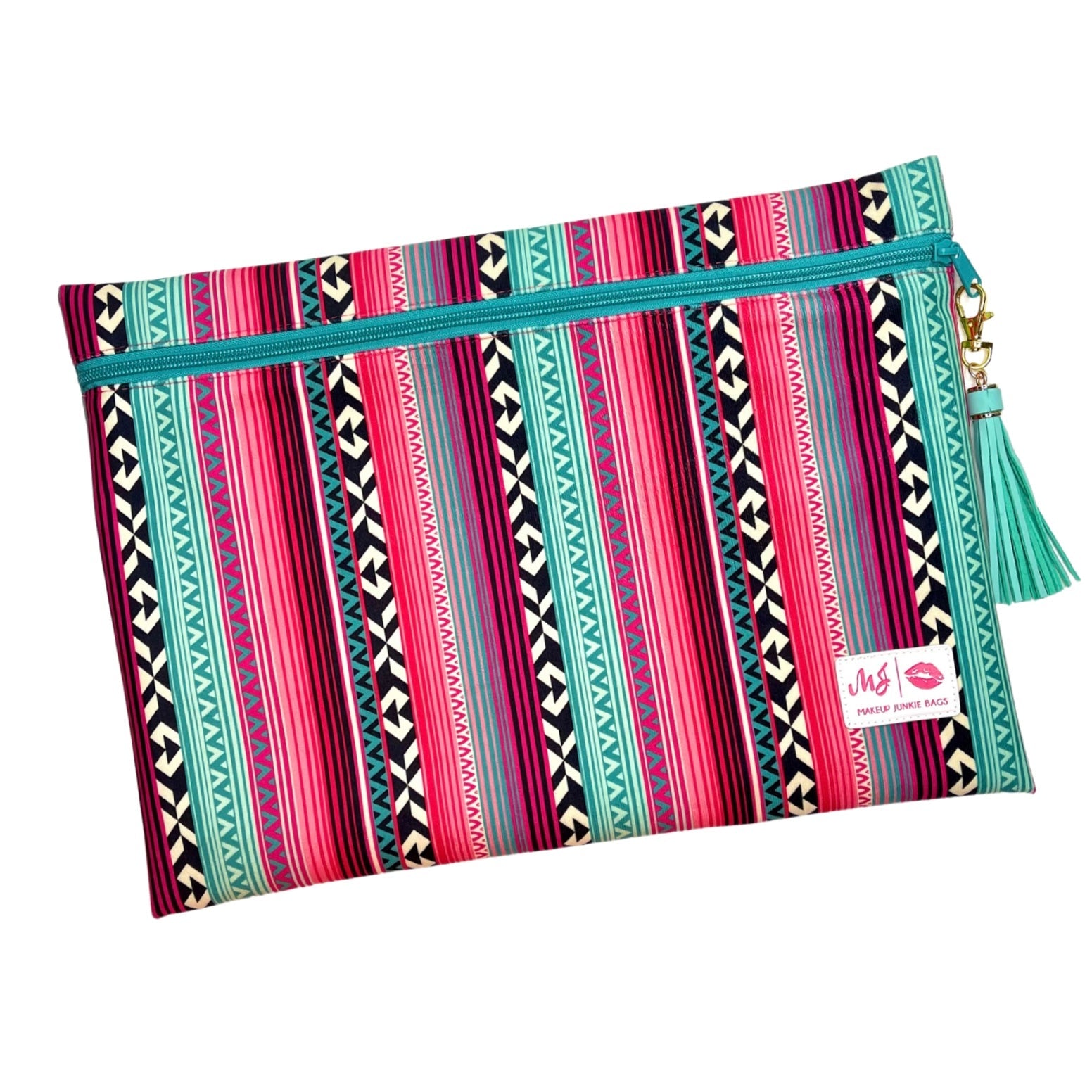 Colorful patterned pouch with tassel on a white background