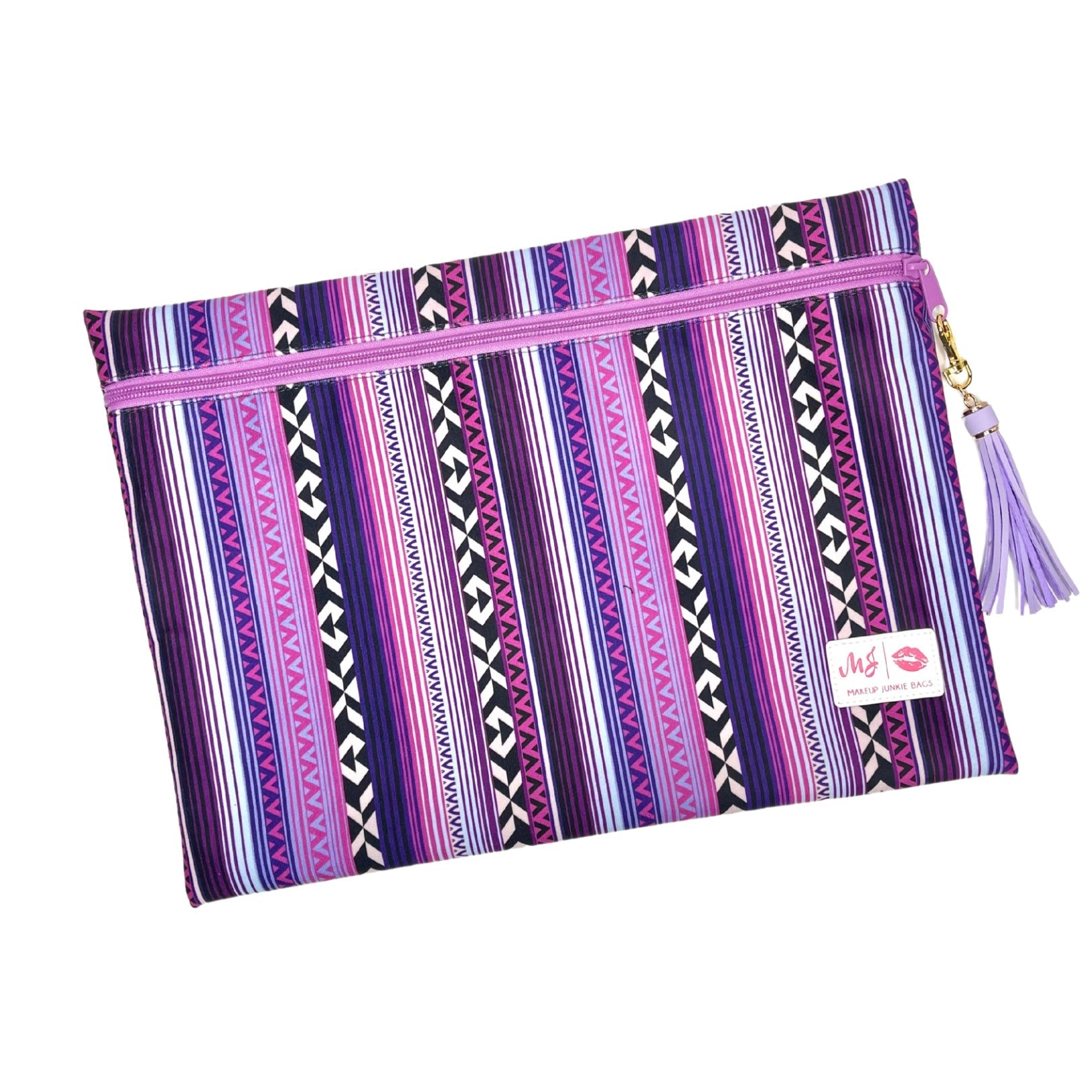 Striped pouch with a tassel on a white background